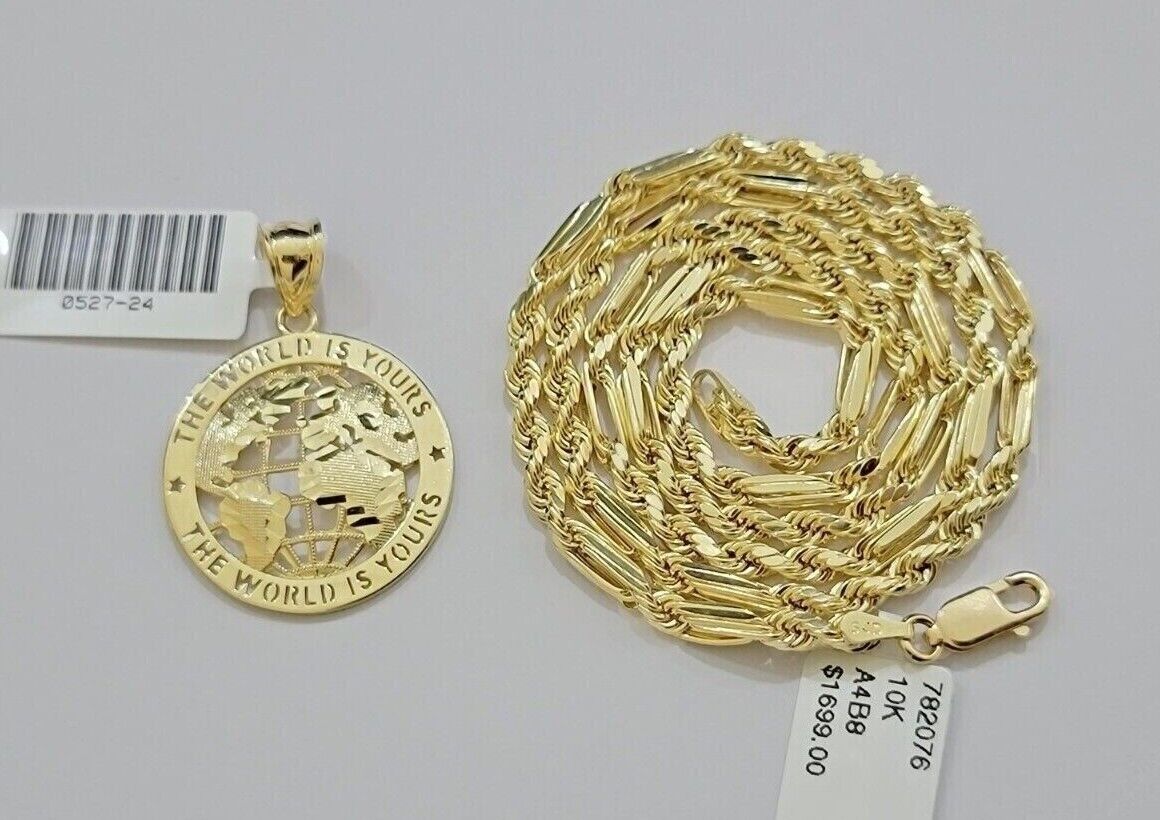 Real 10kt Gold Milano Rope Chain World Map Charm Pendant Set 18 - 24 Inch Necklace - GoldenlinQ